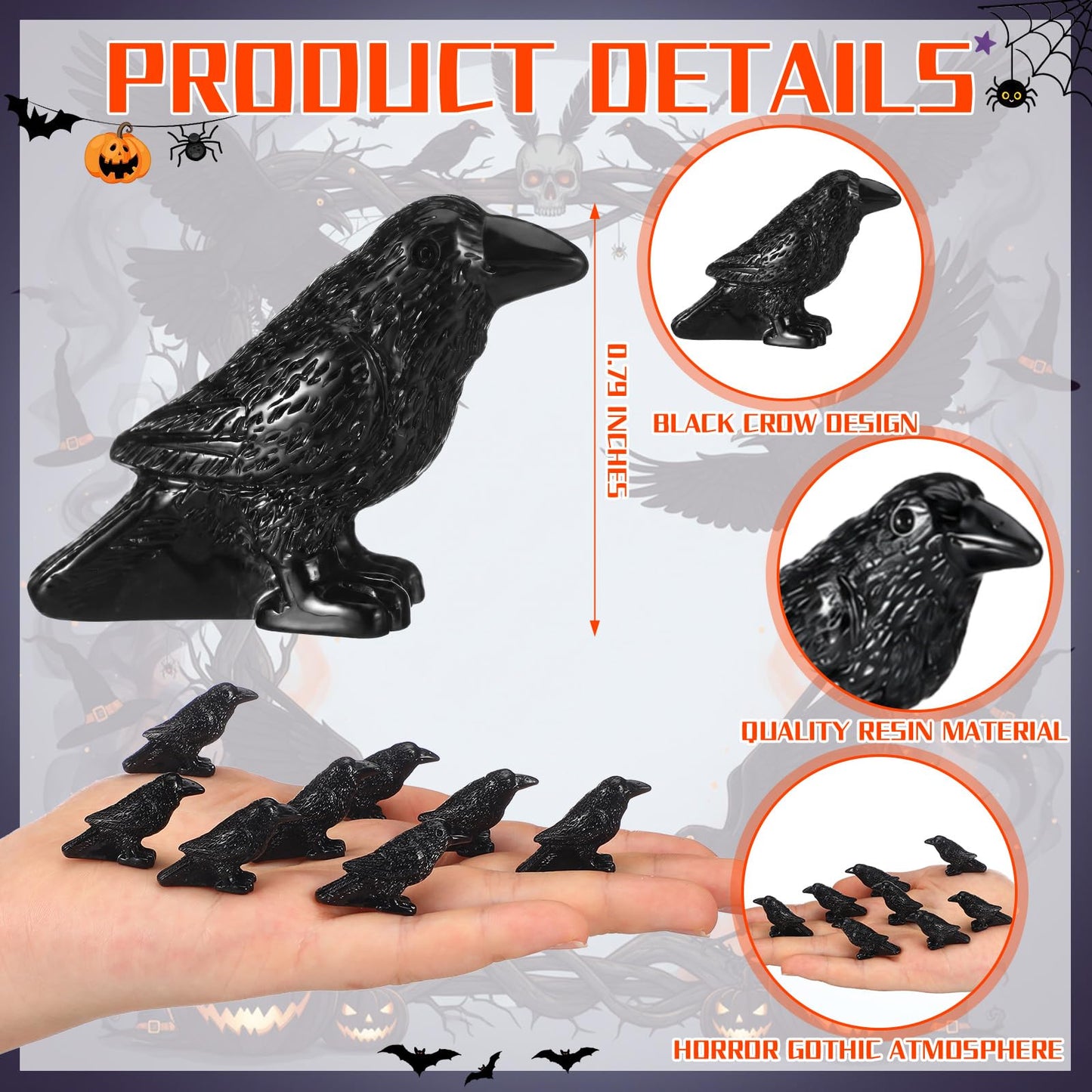 RoundFunny 50 Pcs Miniature Resin Crows Mini Halloween Figurines, Small Black Raven Halloween Bird Figures to Hide Tiny Raven Decor Black Crows Gothic Miniature for Micro Landscape Craft Party Favors