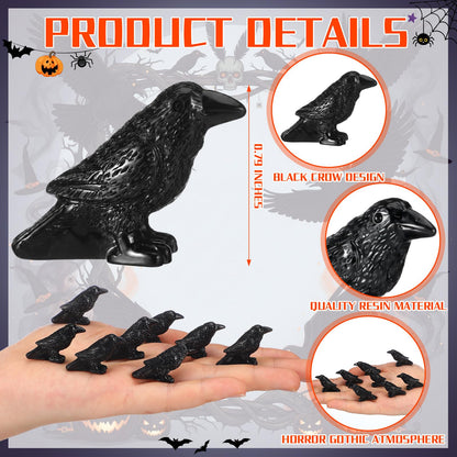 RoundFunny 50 Pcs Miniature Resin Crows Mini Halloween Figurines, Small Black Raven Halloween Bird Figures to Hide Tiny Raven Decor Black Crows Gothic Miniature for Micro Landscape Craft Party Favors