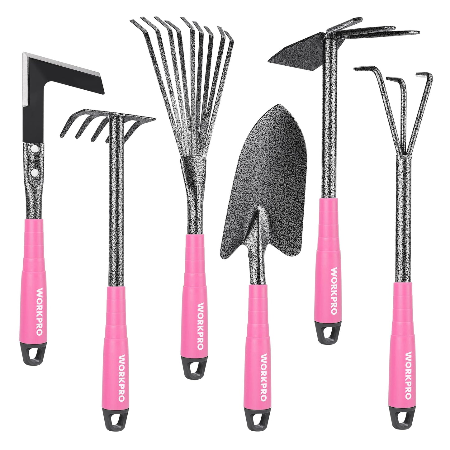 WORKPRO 6-Piece Pink Garden Tool Set, Heavy Duty Gardening Hand Tools with Soft Rubber Handle, Including Trowel, Rakes, 2-in-1 Hoe and Crack Weeder, Ideal Gardening Gifts for Men and Women
