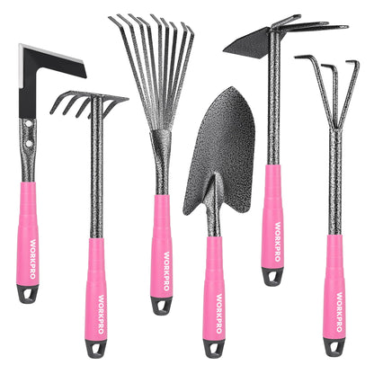 WORKPRO 6-Piece Pink Garden Tool Set, Heavy Duty Gardening Hand Tools with Soft Rubber Handle, Including Trowel, Rakes, 2-in-1 Hoe and Crack Weeder, Ideal Gardening Gifts for Men and Women
