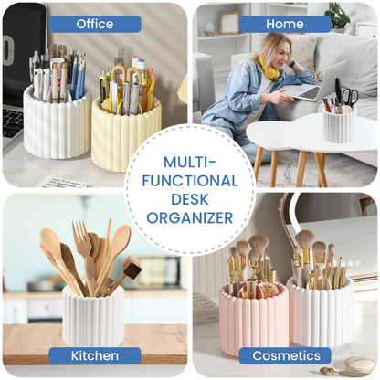 Sallurna Desk Organizer, 360° Rotating Pen Holder for Desk, Pencil Cup with 7 Compartments Storage Box Caddy for Kids, Office, School, Home (Pink)