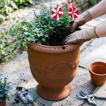 KOL Large Plastic Urn Planter - 16” Dia x 19” H Lightweight Classic Planter Pot with Cement Texture & Drainage Hole, Weather Resistant for Outdoor Plants, Patio, Garden Decor (Rusty)