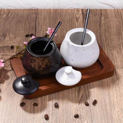BOSILI Sugar Bowl with Lid and Spoons, 3.9" Rustic Reactive Kiln-Glaze Spice Jar, Black & Brown Porcelain Condiment Pot for Salt, Jam & Seasonings, Textured Stoneware Salt Cellar for Kitchen & Cafe