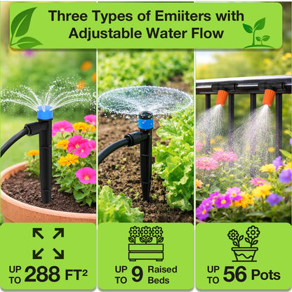 MIXC 300FT Drip Irrigation System Kit, Automatic Garden Misting Watering System with 100FT 1/2" & 200FT 1/4" Irrigation Tubing, Fitting, Adjustable Emitter for Greenhouse Lawn Raised Bed Potted Plant