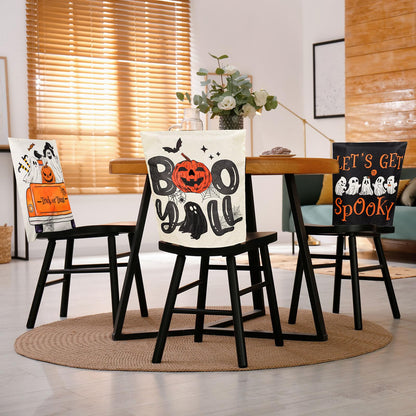 JarThenaAMCS 4Pcs Halloween Chair Covers Spooky Ghost Boo Y' All Seat Covers Washable Black Dining Chair Slipcover Protector for Home Kitchen Decor