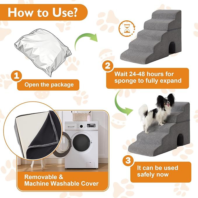 Dog Stairs for Small Dogs 16’’ H, 3-Step Dog Steps for Bed, Foldable Pet Stairs and Ramp for Dogs and Cats to Get on Beds, Couch, Non-Slip Balanced Pet Steps with Waterproof Cover, Grey