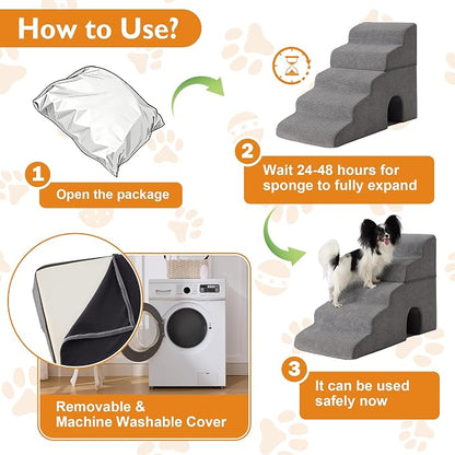 Dog Stairs for Small Dogs 16’’ H, 3-Step Dog Steps for Bed, Foldable Pet Stairs and Ramp for Dogs and Cats to Get on Beds, Couch, Non-Slip Balanced Pet Steps with Waterproof Cover, Grey