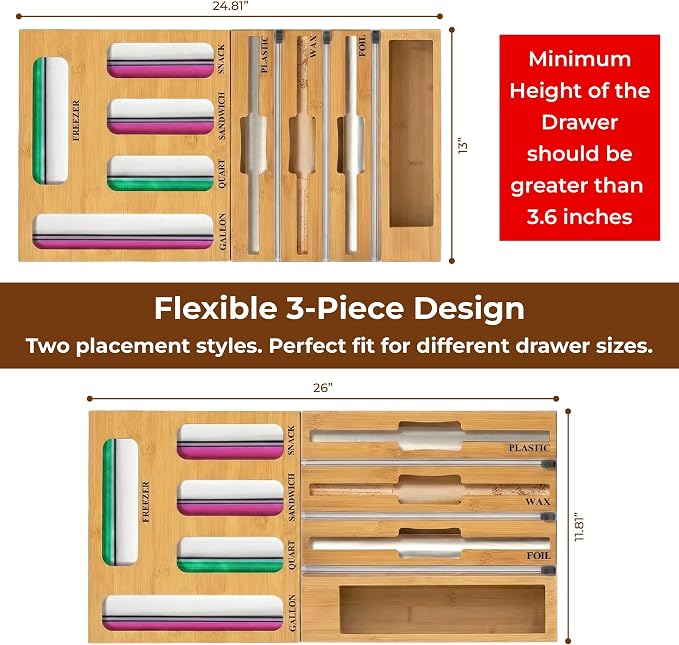 9-in-1 Bamboo Kitchen Drawer Organizer - Storage Bag Holder with Built-In Foil & Wrap Cutter Dispenser - Wooden Food Storage Bag Organizer for Gallon, Quart, Sandwich and Snack Sizes