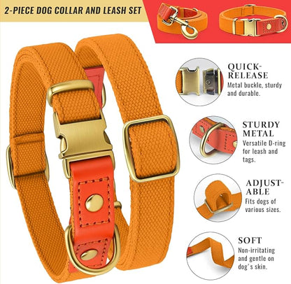 Dog Collar and Leash Set with Metal Quick Release Buckle, Adjustable, Breathable Nylon, Durable, Soft and Comfortable, No Pull for Walking and Training, Orange, L (14.9"-22.8")
