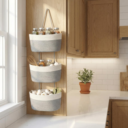Wycoroy 3-Tier Woven Cotton Rope Hanging Basket, Over the Door Organizer, Adjustable Detachable Wall Basket with Metal & Adhesive Hooks, No Drilling for Farmhouse, Boho Home and Wall Decor