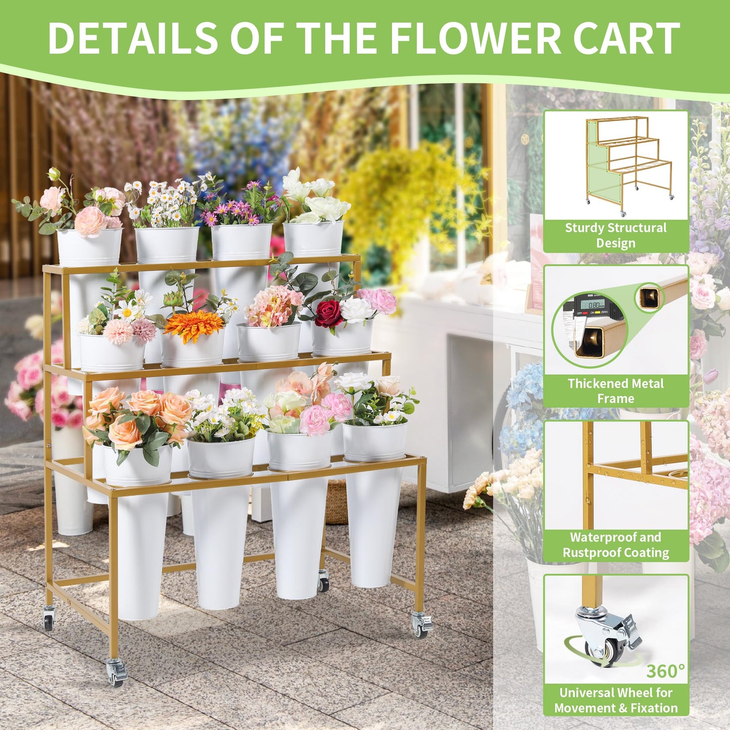 Ruifabo Flower Cart Display Stand, 3 Layers Metal Flower Bar Stand with 360° Swivel Wheels and Brake, Flower Display stand with Iron Buckets, Durable than Plastic Buckets, Flower Holder for Florist or Wedding
