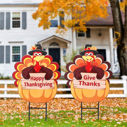 Whaline 2 Pack Fall Thanksgiving Metal Decorative Garden Stake Turkey Pumpkin Welcome Harvest Yard Sign Waterproof for Home Garden Yard Lawn Patio Backyard Walkway Decorations