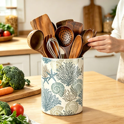 Coastal Utensil Holder, Sea Coastal Ceramic Kitchen Utensil Holder, Utensil Crock for Home Kitchen Countertop Storage Organizer Container, Large Holder for Spatulas, Spoons, Kitchen Counter Decor, 6"
