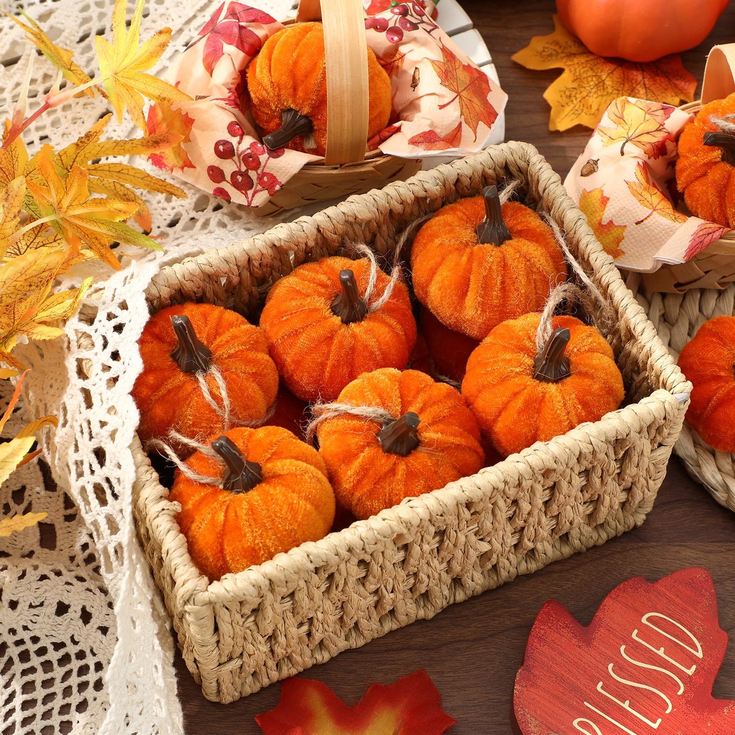 Whaline 18Pcs Fall Pumpkin Hanging Ornaments Velvet Fabric Pumpkin Ball Ornaments Thanksgiving Hanging Tree Decorations for Farmhouse Autumn Harvest Party Home Decor