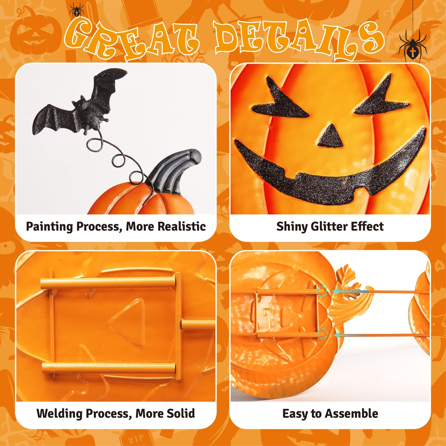 CAMATET Halloween Metal Pumpkin Yard Stakes, Detachable and Stackable Pumpkin Signs Garden Stake with Paper Witch Hanging Decor, Outdoor Halloween Decorations for Front Porch Lawn Party (Set of 6)