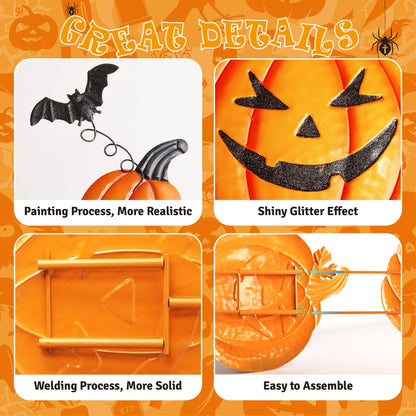 CAMATET Halloween Metal Pumpkin Yard Stakes, Detachable and Stackable Pumpkin Signs Garden Stake with Paper Witch Hanging Decor, Outdoor Halloween Decorations for Front Porch Lawn Party (Set of 6)