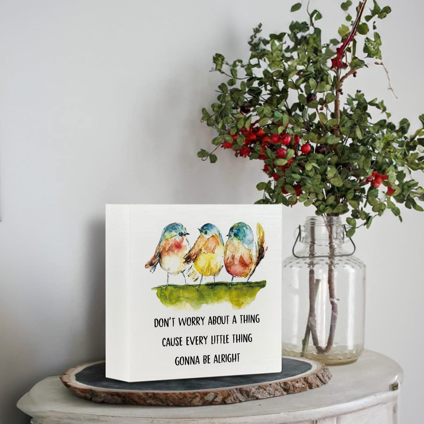 Kneaotoaji Inspirational Gifts Wooden Sign - Three Little Birds Decor for Home Farmhouse, Don't Worry About a Thing Cause Every Little Thing Gonna Be Alright Wood Box Sign 5x5 Inch