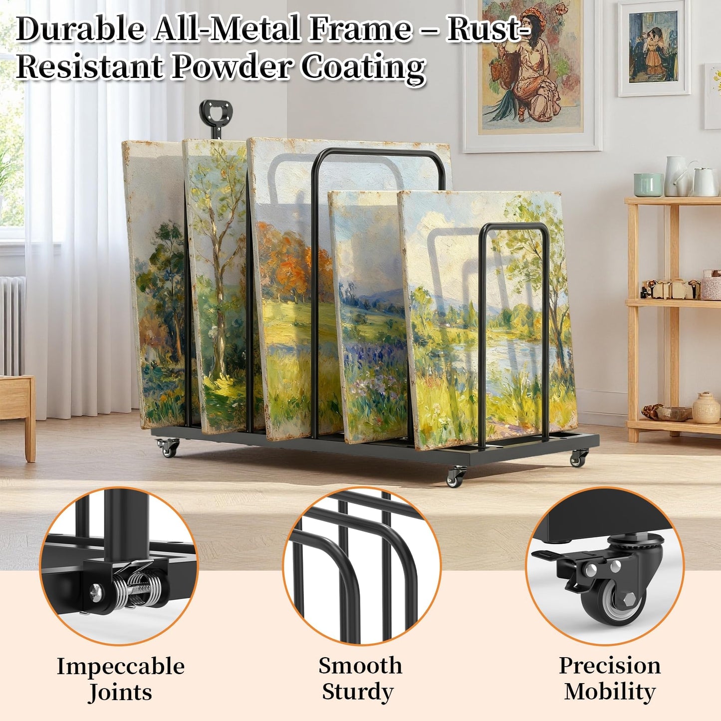 BERPET Heavy-Duty Art Storage Rack with Handle & Wheels, Mobile Metal Organizer for Canvas, Boards, and Artwork – Rolling Art Drying & Display Cart for Studio, Classroom, and Gallery