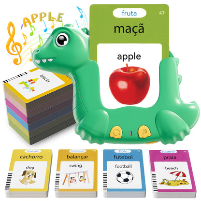 Portuguese and English Talking Flash Cards for Kids, 510 Sight Words Bilingual Learning Toys for Toddlers, Brazilian Portuguese Alphabet Flashcards Pocket Speech Therapy Toys, Dinosaur Shaped