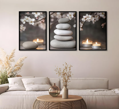 ZHJIOFXG 3 Piece Zen Canvas Wall Art Stacked Stones Cherry Blossom Candle Spa Wall Decor Calming Minimalist Neutral Poster Print Art for Bathroom Bedroom Yoga Room Office Living Room 12x16in Unframed