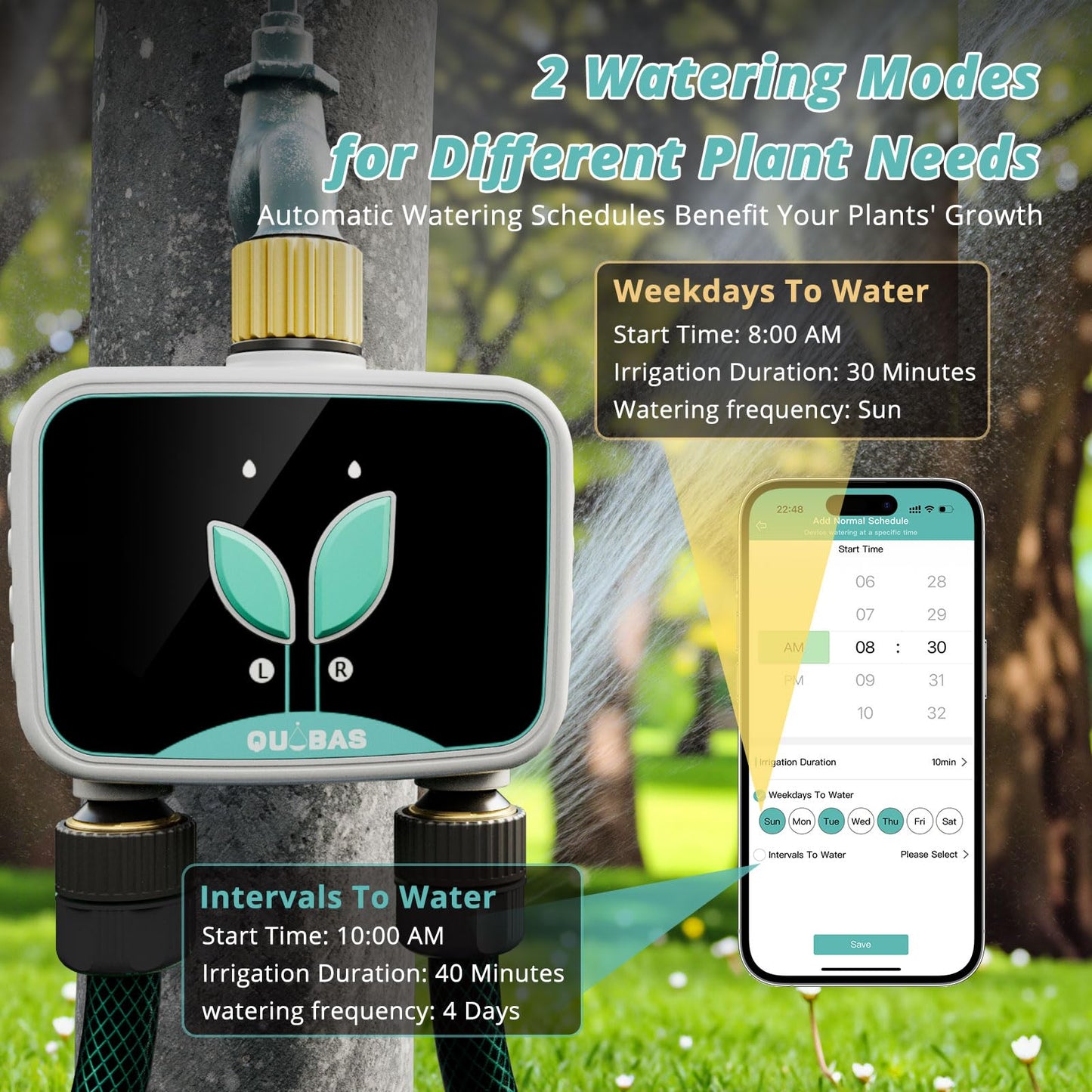 QUOBAS WiFi Water Timer for Garden Hose, 2 Zone Brass Hose Timer WiFi with App Control & Rain Delay/Auto/Manual 3 Modes for Drip Irrigation, Pool & Lawn, Battery Powered, 2.4GHz WiFi Only