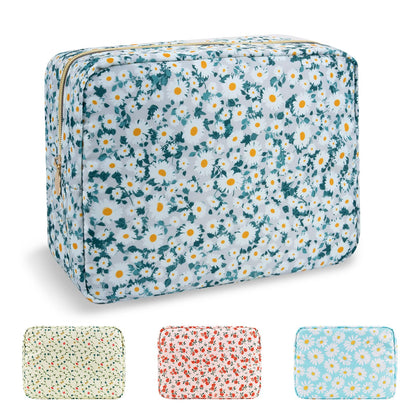 UIXIZQ Waterproof Large Floral Makeup Pouch,Nylon Travel Toiletry Storage Purse Preppy Cosmetic Bag for Women Girl,Large Capacity Makeup Organizer Zipper Pouch for Work(L Green-Daisy)