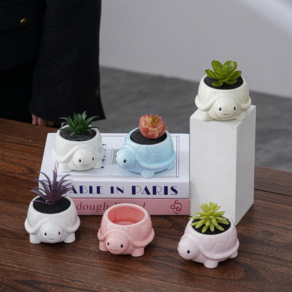 SJBAG Turtle Shaped Ceramic Succulent Planter with Drainage Holes, Hand - Painted Animal Pot for Indoor Cactus & Succulents, Unique Home Decor & Gift (4.3" Blue)