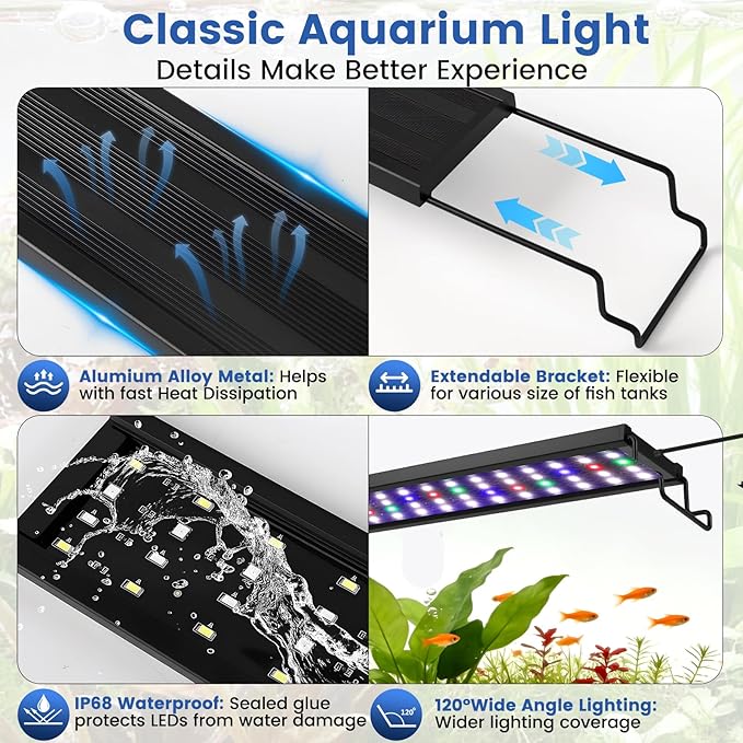 AQQA Full Spectrum Aquarium Plant Light LED Fish Tank Light IP68 Waterproof with 24/7 Natural Mode & DIY RGBW Mode, 9 Colors & 10-Level Brightness Adjustable, 6 Timer Settings for 24"-32" Tank (26W)
