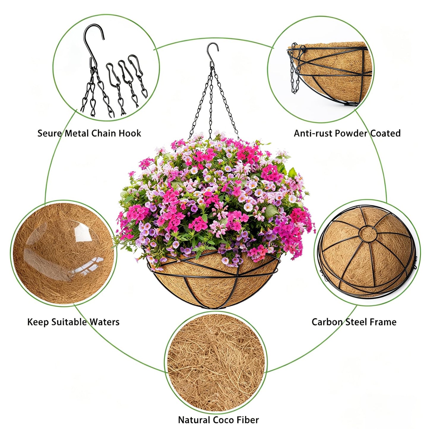 Karlliu 2 Pack 12 Inch Hanging Planters for Outdoor Plants Metal Watering Flower Baskets with Coco Liner for Hanging Pot Round Plant Holders Planter for Outside Garden Decor