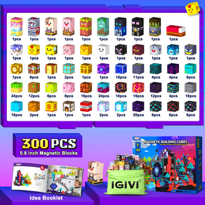 300PCS Magnetic Blocks, Build Mine Magnet World Set, Stacking Magnetic Building Cubes for Kids Ages 4-6 6-8 8-12, STEM Montessori Sensory Toys for Toddler, Christmas Birthday Gifts for Boys Girls