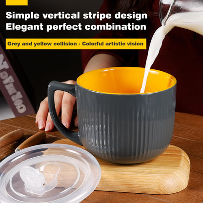 ZEBERBO Ceramic Soup Bowl with Handle 32oz – Microwave Ramen Bowl with Lid, Soup Mugs & Cups for Cereal, Oatmeal, Ramen, Instant Noodle, Soup Container with Lid (Gray)