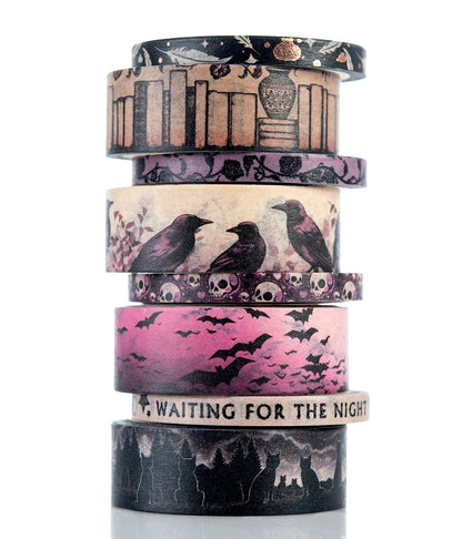 Conquest Journals Waiting for the Night Washi Tape Bundle, 8 Rolls, 4 15mm Rolls and 4 Corresponding 5mm Rolls, Goth Inspired Washi for All Your Planning, Journaling and Scrapbooking Projects