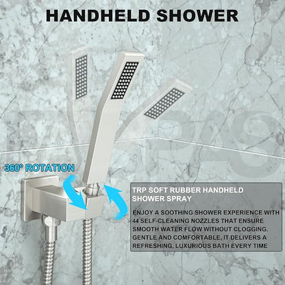 Brushed Nickel Shower System with 12-Inch Rain Showerhead and Tub Spout | cUPC-certified pressure balance brass valve to prevent scalding, CEC-certified air injection technology for low pressure