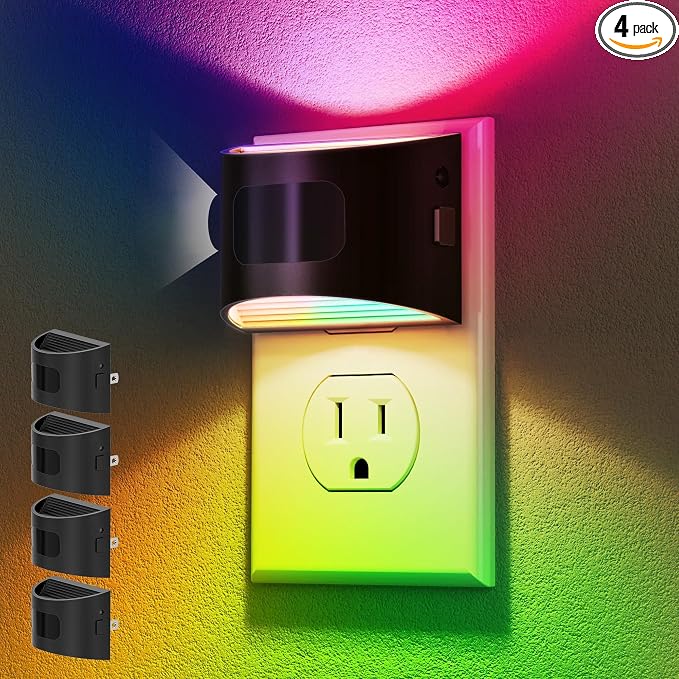 DORESshop LED Night Light[4 Pack], Night Lights Plug into Wall, 8-Color RGB LED Nightlight with Motion Sensor, Dusk to Dawn Sensor, Nightlights for Adults, Bedroom, Bathroom, Hallway