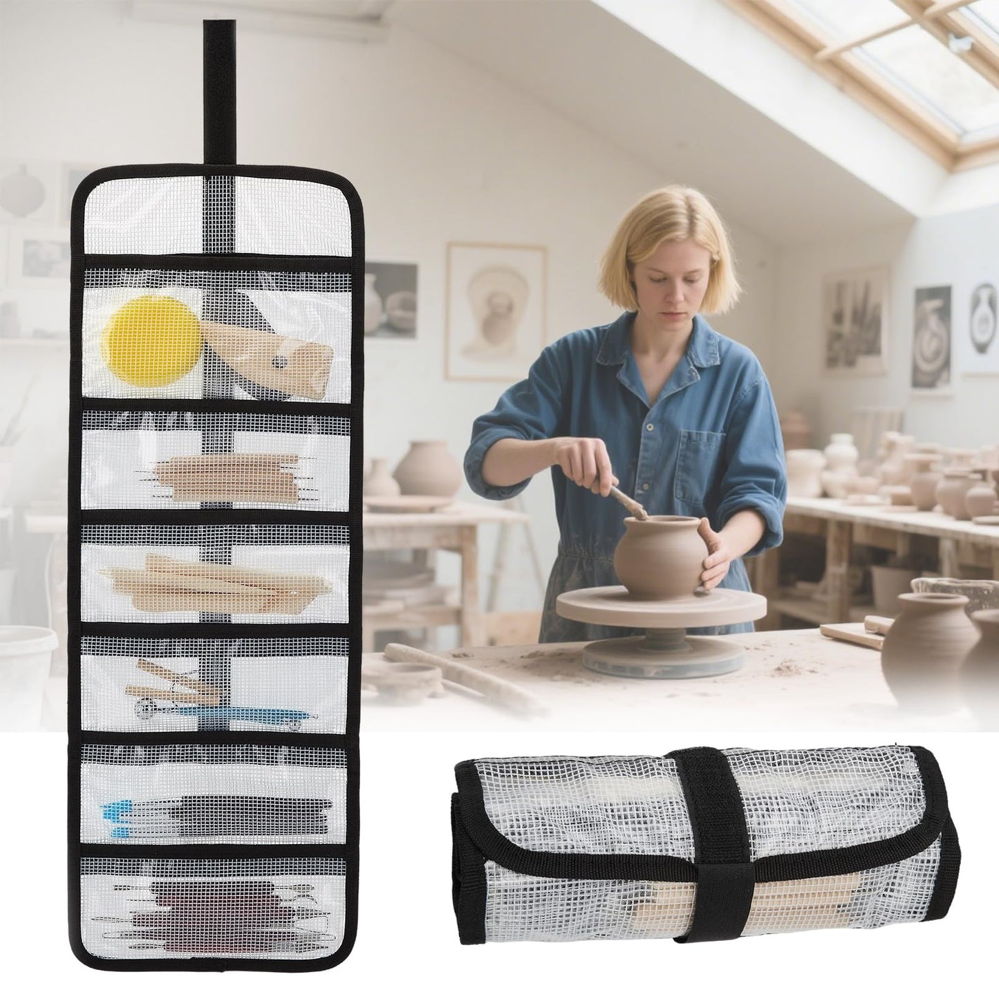 Small Roll Up Storage Bag, 6 Pockets Roll Up Tool Kit, Suitable for Mechanics, Kitchen Storage, Art Sketching, Travelling, Potter's Tools, Office Objects, Transparent and Visible, Space-Saving 2 Pack