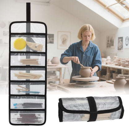 Small Roll Up Storage Bag, 6 Pockets Roll Up Tool Kit, Suitable for Mechanics, Kitchen Storage, Art Sketching, Travelling, Potter's Tools, Office Objects, Transparent and Visible, Space-Saving 2 Pack