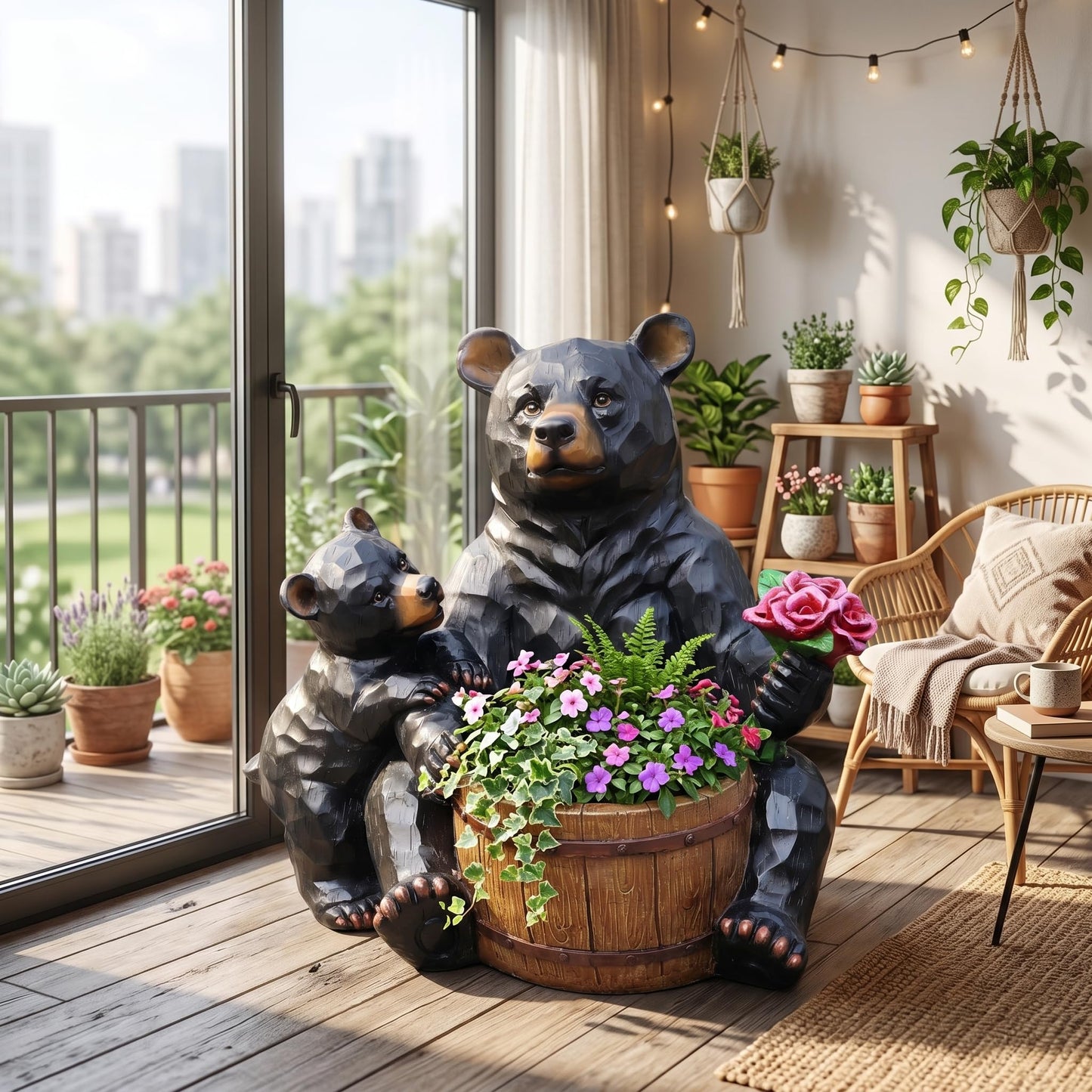 elesculor Black Bear Mother & Cub Garden Statue Planter, Resin Outdoor Flower Pot with Barrel Basket, Decorative Animal Planter for Patio, Yard, Lawn, Cabin Decor