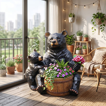 elesculor Black Bear Mother & Cub Garden Statue Planter, Resin Outdoor Flower Pot with Barrel Basket, Decorative Animal Planter for Patio, Yard, Lawn, Cabin Decor