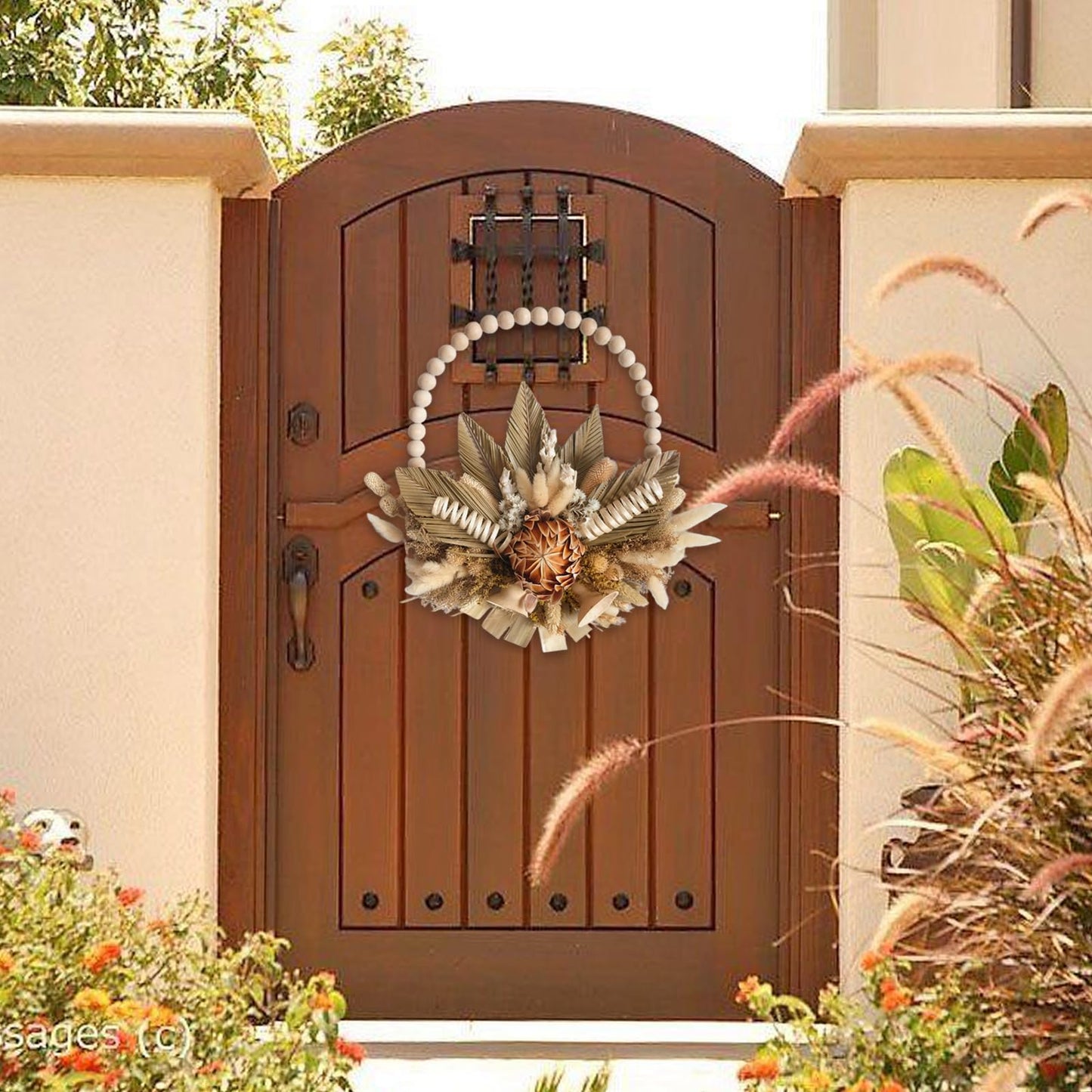 18 Inches idyllic Wood Bead Palm Leaves Wreaths for Front Door, Farmhouse Fall Harvest Thanksgiving Wreath, Fall Wall Kitchen Cabinet Decorations, Lantana