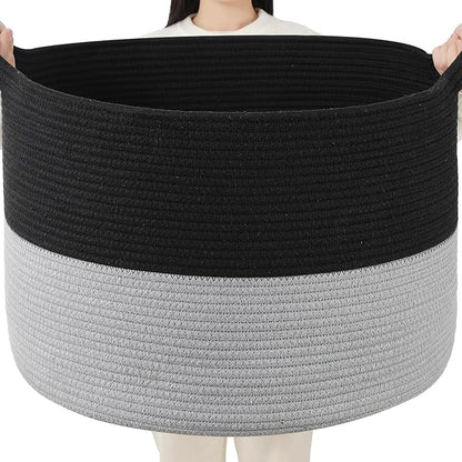 Foldable Laundry Hamper Basket with Collapsible Handle Cotton Rope Soft Woven Fabric Storage Organizer Clothes Toys Nursery Bedroom Dorm Space Saving Bin (Black & Grey, 65L(19.7"D x 12.6"H))