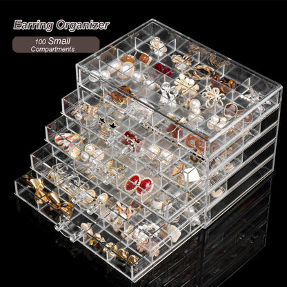 YUFONG Earring Holder Organizer Acrylic Earring Storage Box for Girls Women Jewelry Organizer Display Case with 100 Small Compartment (Clear, 5 Drawers)