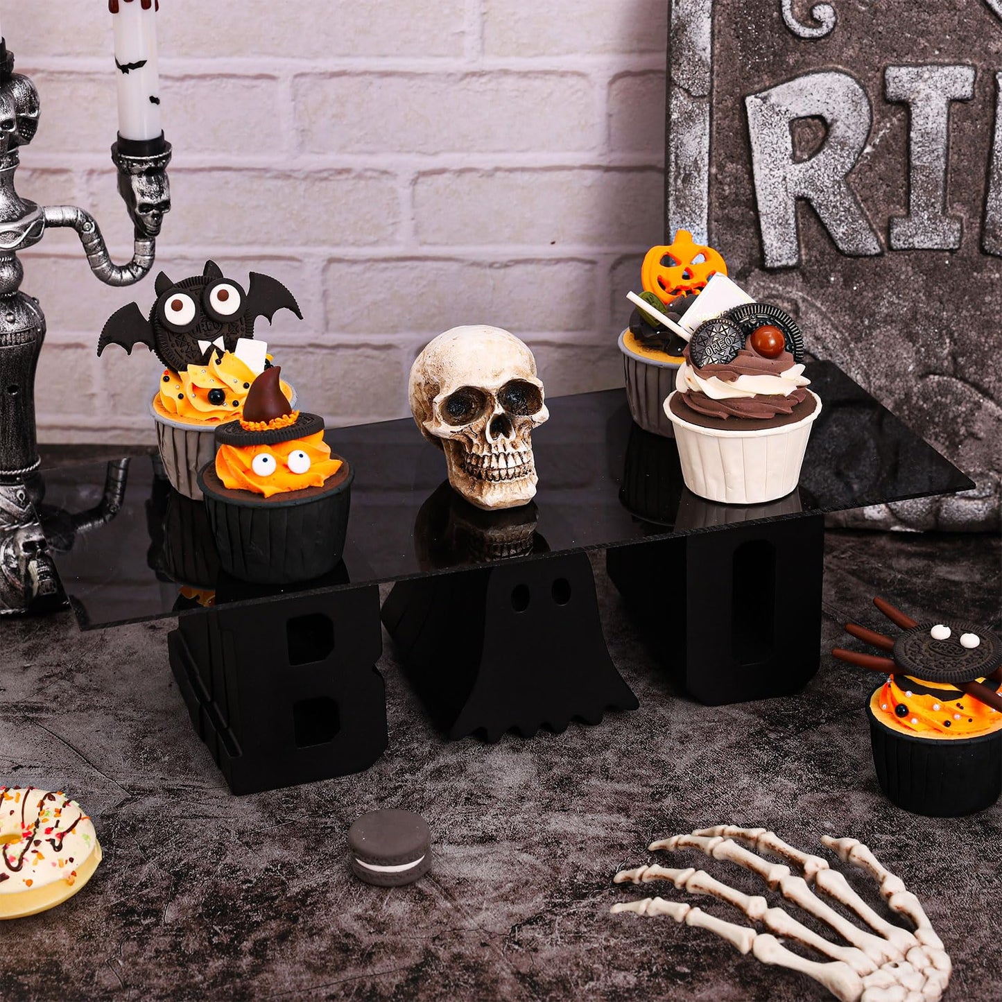 Whaline Halloween Ghost Cupcake Stand Black Ghost Boo Acrylic 6.3 x 15.7 Inch Clear Dessert Display Holder Tray for Holiday Birthday Trick or Treat Party Decoration