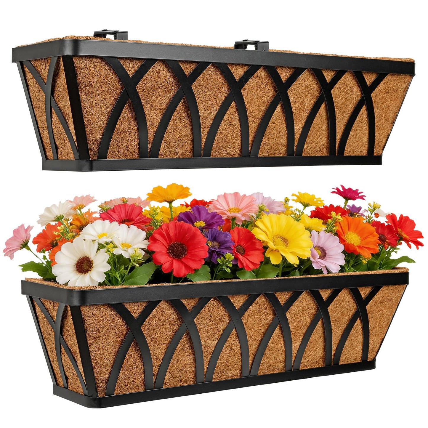 Nature Crafted 24 Inch Window Box Planter with Coco Liner for Hanging Outdoor Plants, 2 Pack Railing Planter Boxes with Adjustable Brackets for Balcony Deck Porch & Patio Garden Decor, Black
