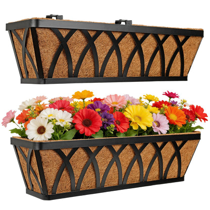 Nature Crafted 24 Inch Window Box Planter with Coco Liner for Hanging Outdoor Plants, 2 Pack Railing Planter Boxes with Adjustable Brackets for Balcony Deck Porch & Patio Garden Decor, Black