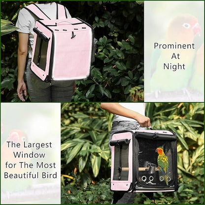 Bird Carrier with Seat Belt for Car Travel, Bird Backpack Carrier with Indestructible Stainless Steel Mesh, Large Bird Carrier Travel Cage, Pink