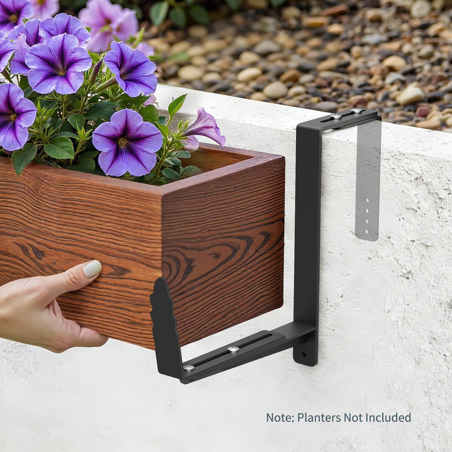Window Box Brackets, Adjustable Planter Box Brackets, Heavy Duty Iron Flower Box Bracket for Deck Railing with Upgraded Bottom Support - Ideal for Balconies, Fences, and Gardens (4 Pack)