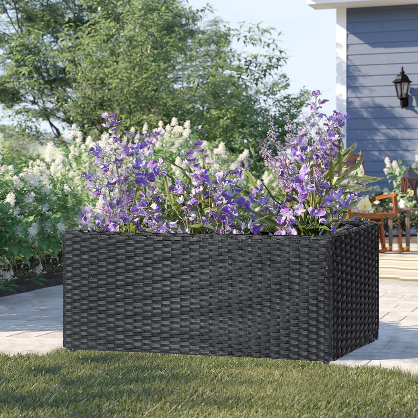SUNNYPARK Black Rectangular Planter Box All-Weather PE Rattan Large Modern Planters with Removable Liner Indoor Outdoor Decorative Flower Pot for Patio, Balcony, Garden