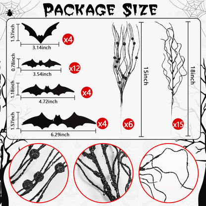Yen Jean 21Pcs Halloween Decorations Black Artificial Branches Picks Decor Berry Stems Tree Glittery Curly with Bats for Flowers Arrangement Floral Bouquet Vase Party Supplies