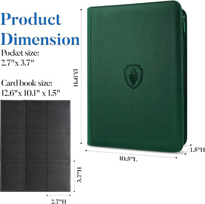 Premium Zip Card Binder, Fabmaker 9 Pocket Trading Card Binder, PU Cover Zipper Card Collection Album, Sturdy 360 Side-Loading Card Folder Holder for Game & Sports Cards, Dark Green