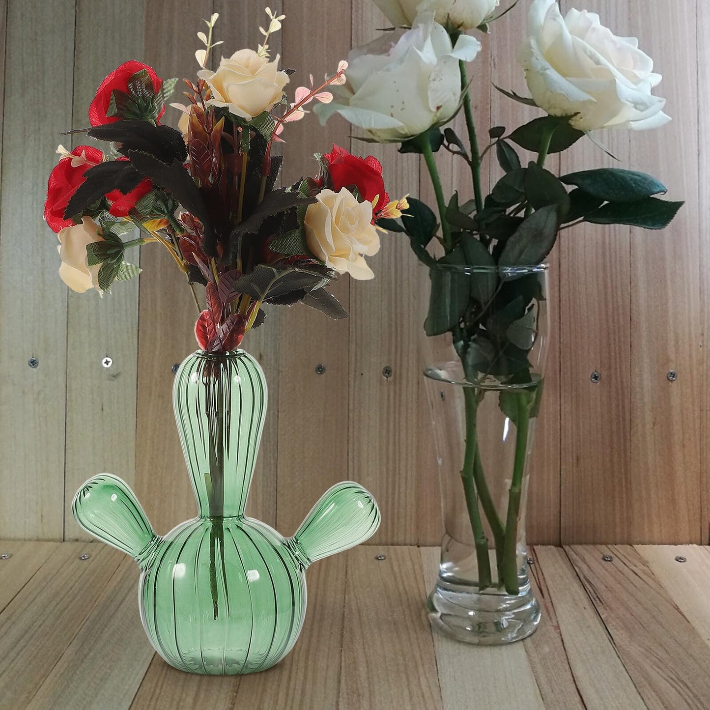 STOBAZA Glass Cactus Plant Vase Green Narrow Neck Hydroponic Planter Decorative Tabletop Vase for Home Décor and Terrarium Arrangement